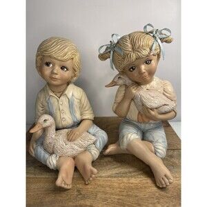 Vintage 1980s Ceramic Boy/Girl Figurines Goose Ducks Shelf Sitters Cottage Core